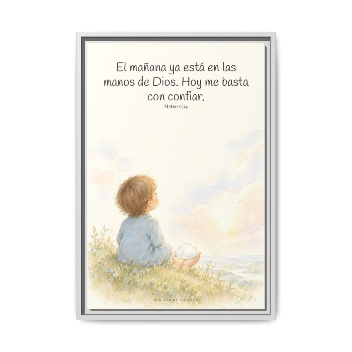 El mañana ya está en las manos de Dios — Lienzo Cristiano Enmarcado | Mateo 6:34 — 16×24 pulgadas, marco blanco, vista frontal