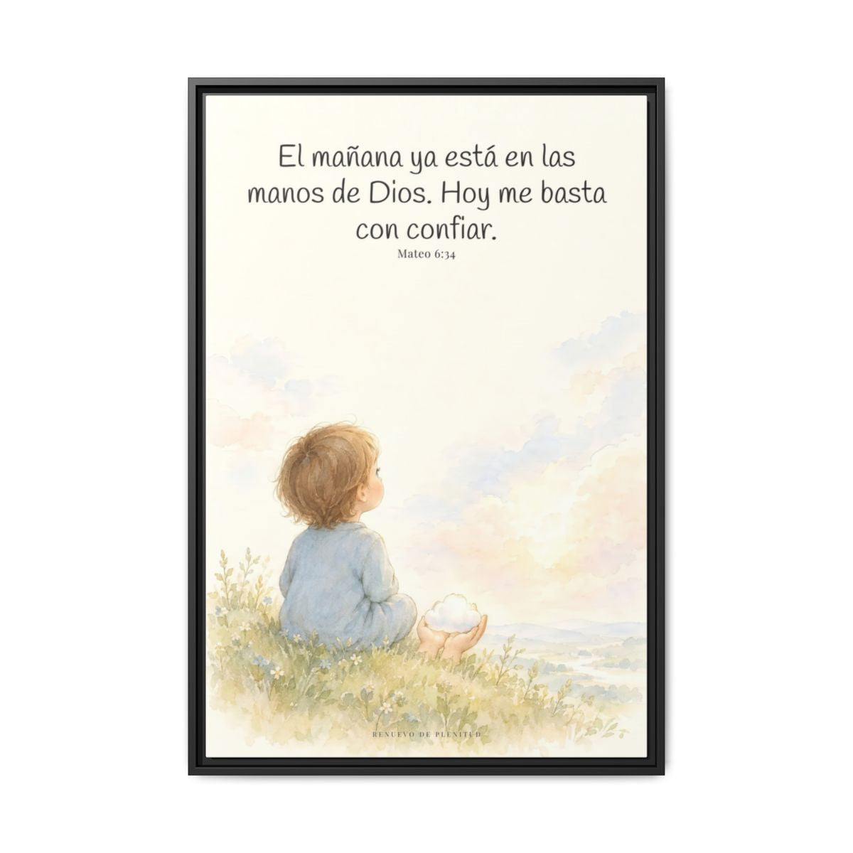 El mañana ya está en las manos de Dios — Lienzo Cristiano Enmarcado | Mateo 6:34 — 24×36 pulgadas, marco negro, vista frontal