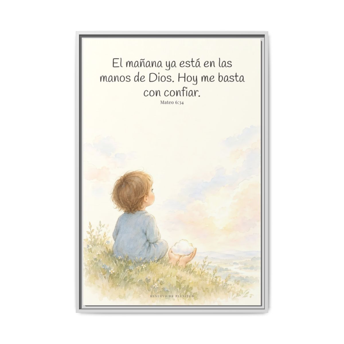 El mañana ya está en las manos de Dios — Lienzo Cristiano Enmarcado | Mateo 6:34 — 24×36 pulgadas, marco blanco, vista frontal