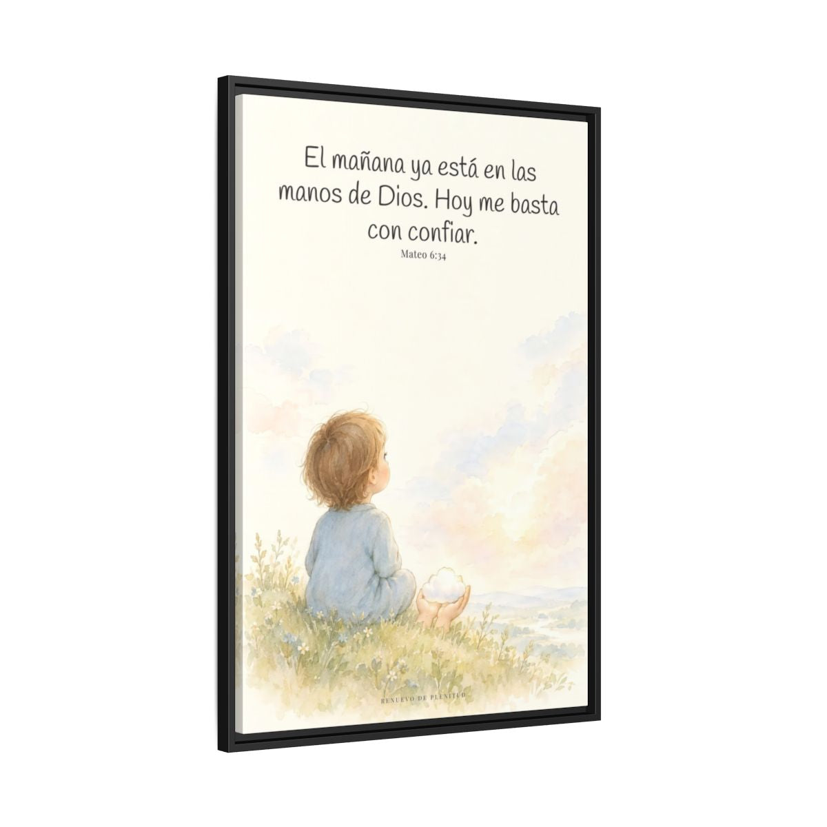 El mañana ya está en las manos de Dios — Lienzo Cristiano Enmarcado | Mateo 6:34 — 24×36 pulgadas, marco negro, vista lateral del marco flotante