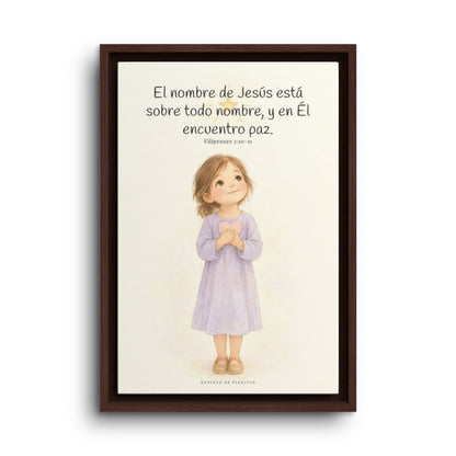 El nombre de Jesús está sobre todo nombre | Lienzo de fe para el hogar | Filipenses 2:10-11 — 12×18 pulgadas, marco espresso, vista frontal