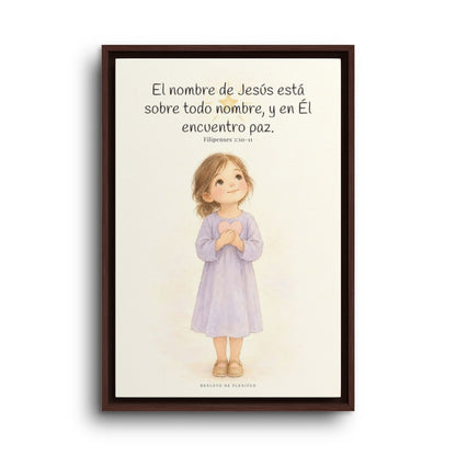 El nombre de Jesús está sobre todo nombre | Lienzo de fe para el hogar | Filipenses 2:10-11 — 16×24 pulgadas, marco espresso, vista frontal
