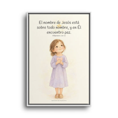 El nombre de Jesús está sobre todo nombre | Lienzo de fe para el hogar | Filipenses 2:10-11 — 24×36 pulgadas, marco blanco, vista frontal