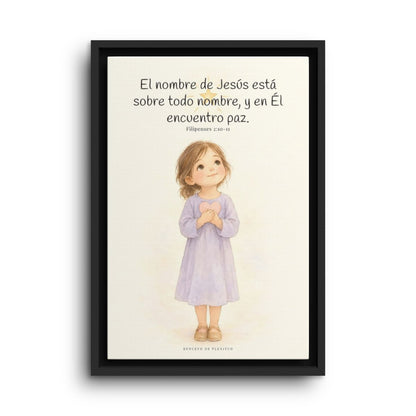 El nombre de Jesús está sobre todo nombre | Lienzo de fe para el hogar | Filipenses 2:10-11 — 12×18 pulgadas, marco negro, vista frontal