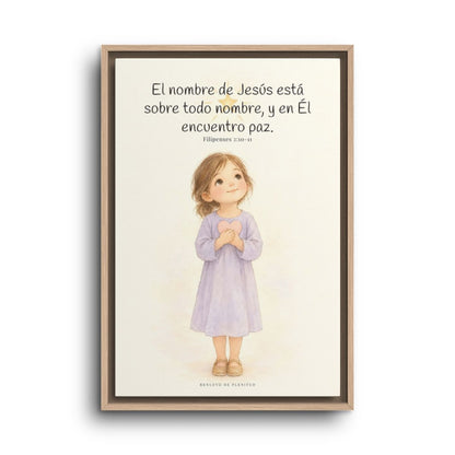 El nombre de Jesús está sobre todo nombre | Lienzo de fe para el hogar | Filipenses 2:10-11 — 16×24 pulgadas, marco natural, vista frontal