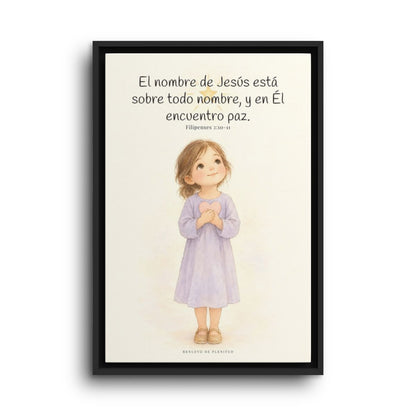 El nombre de Jesús está sobre todo nombre | Lienzo de fe para el hogar | Filipenses 2:10-11 — 16×24 pulgadas, marco negro, vista frontal