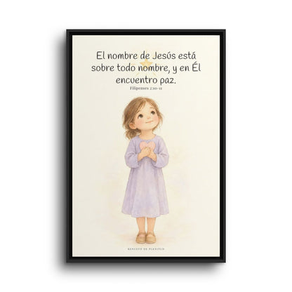 El nombre de Jesús está sobre todo nombre | Lienzo de fe para el hogar | Filipenses 2:10-11 — 24×36 pulgadas, marco negro, vista frontal