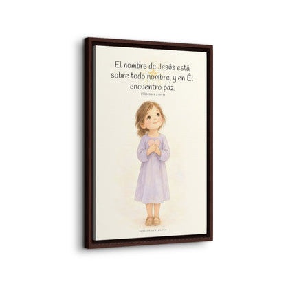 El nombre de Jesús está sobre todo nombre | Lienzo de fe para el hogar | Filipenses 2:10-11 — 16×24 pulgadas, marco espresso, vista lateral del marco flotante