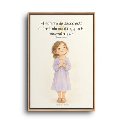 El nombre de Jesús está sobre todo nombre | Lienzo de fe para el hogar | Filipenses 2:10-11 — 24×36 pulgadas, marco natural, vista frontal
