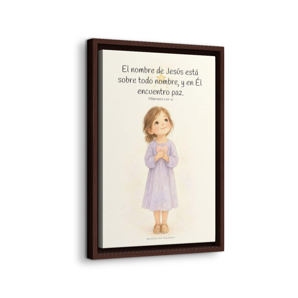 El nombre de Jesús está sobre todo nombre | Lienzo de fe para el hogar | Filipenses 2:10-11 — 12×18 pulgadas, marco espresso, vista lateral del marco flotante
