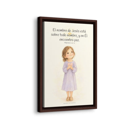 El nombre de Jesús está sobre todo nombre | Lienzo de fe para el hogar | Filipenses 2:10-11 — 12×18 pulgadas, marco espresso, vista lateral del marco flotante