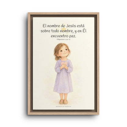 El nombre de Jesús está sobre todo nombre | Lienzo de fe para el hogar | Filipenses 2:10-11 — 12×18 pulgadas, marco natural, vista frontal