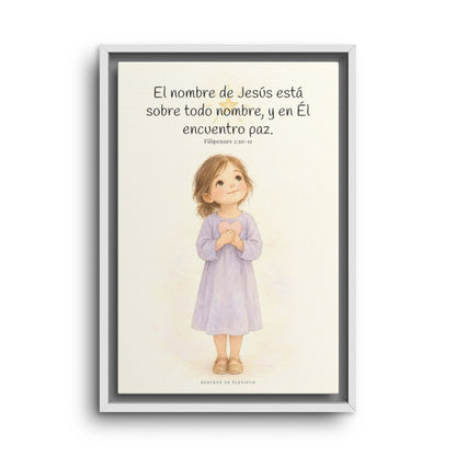 El nombre de Jesús está sobre todo nombre | Lienzo de fe para el hogar | Filipenses 2:10-11 — 12×18 pulgadas, marco blanco, vista frontal