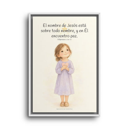El nombre de Jesús está sobre todo nombre | Lienzo de fe para el hogar | Filipenses 2:10-11 — 16×24 pulgadas, marco blanco, vista frontal