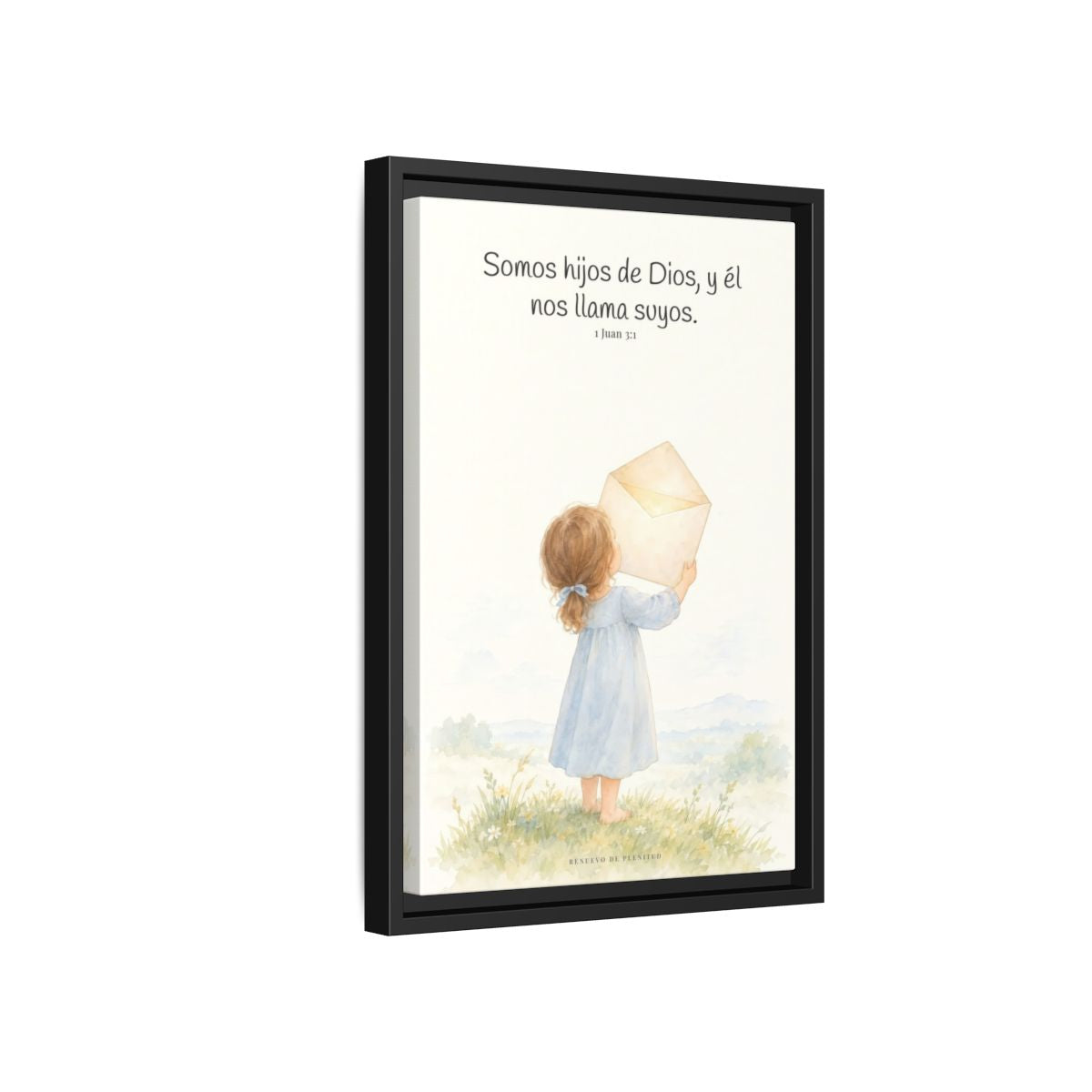 El Padre me da su apellido — Lienzo Cristiano Enmarcado | 1 Juan 3:1 — 12×18 pulgadas, marco negro, vista lateral del marco flotante
