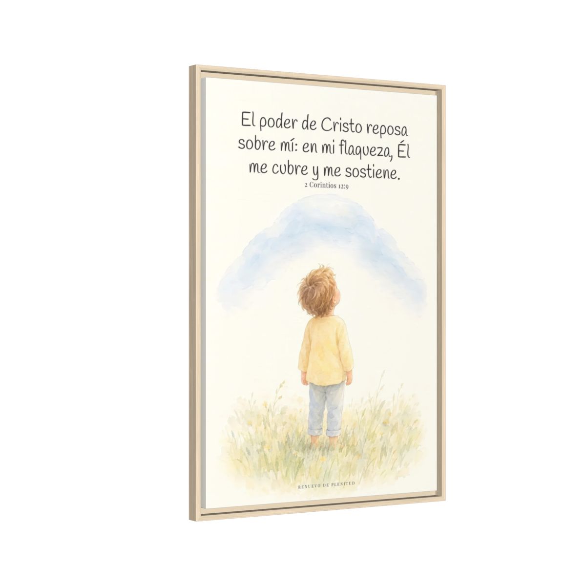 El poder de Cristo descansa sobre mí | Cuadro bíblico para el hogar | 2 Corintios 12:9 — 24×36 pulgadas, marco natural, vista lateral del marco flotante