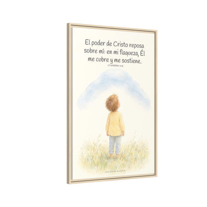 El poder de Cristo descansa sobre mí | Cuadro bíblico para el hogar | 2 Corintios 12:9 — 24×36 pulgadas, marco natural, vista lateral del marco flotante
