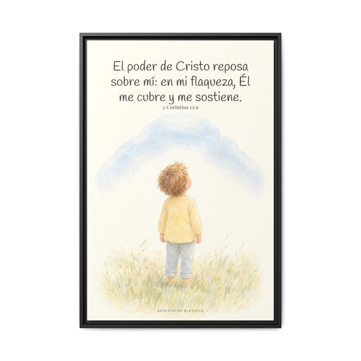 El poder de Cristo descansa sobre mí | Cuadro bíblico para el hogar | 2 Corintios 12:9 — 24×36 pulgadas, marco negro, vista frontal