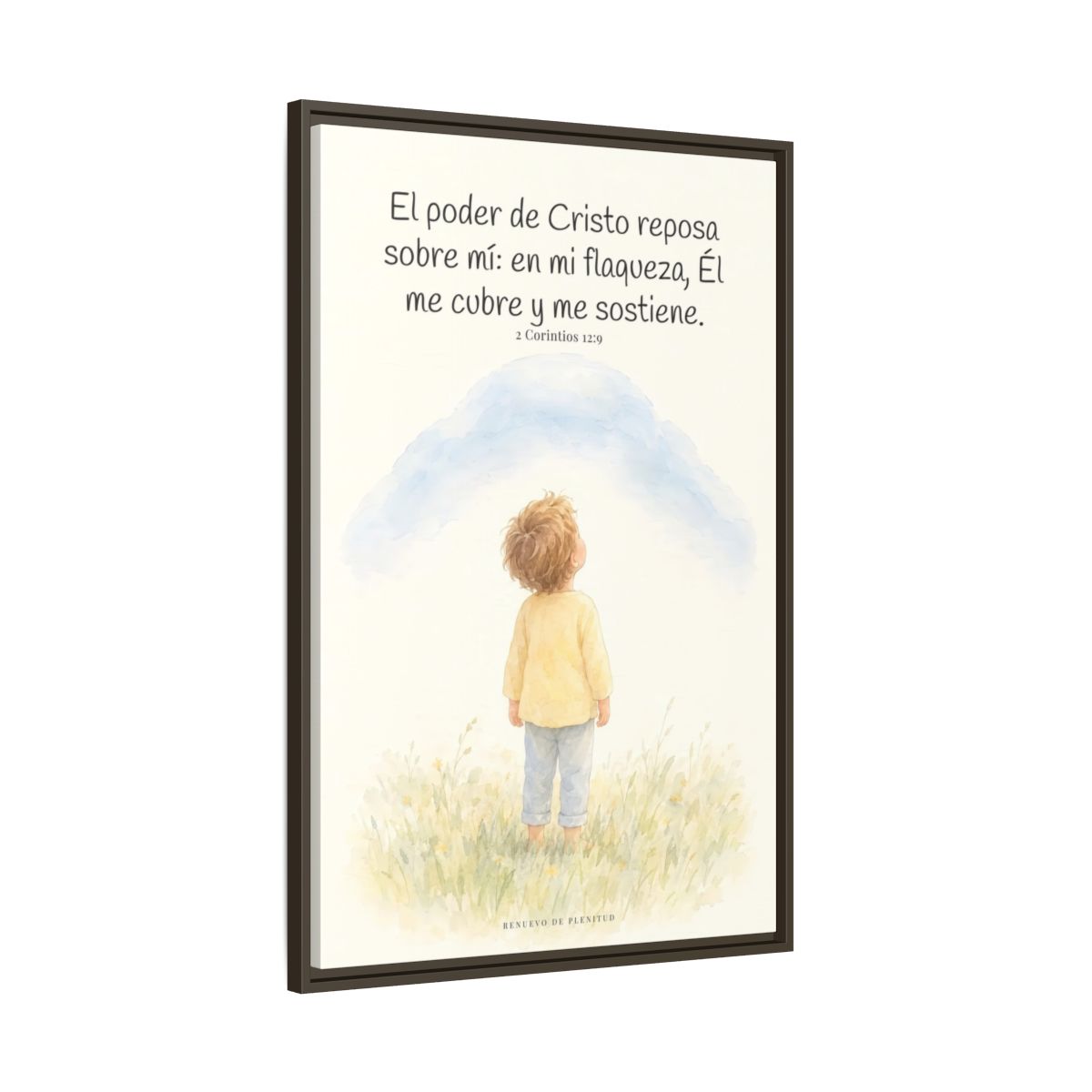 El poder de Cristo descansa sobre mí | Cuadro bíblico para el hogar | 2 Corintios 12:9 — 24×36 pulgadas, marco espresso, vista lateral del marco flotante