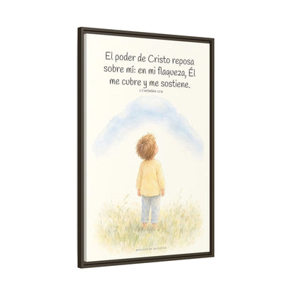 El poder de Cristo descansa sobre mí | Cuadro bíblico para el hogar | 2 Corintios 12:9 — 24×36 pulgadas, marco espresso, vista lateral del marco flotante