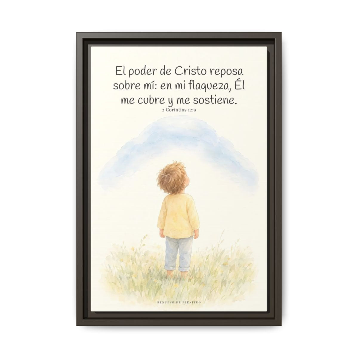 El poder de Cristo descansa sobre mí | Cuadro bíblico para el hogar | 2 Corintios 12:9 — 12×18 pulgadas, marco espresso, vista frontal