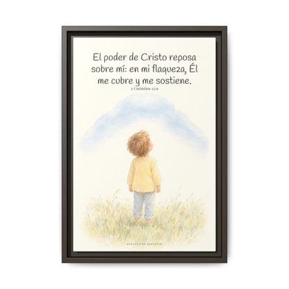 El poder de Cristo descansa sobre mí | Cuadro bíblico para el hogar | 2 Corintios 12:9 — 12×18 pulgadas, marco espresso, vista frontal