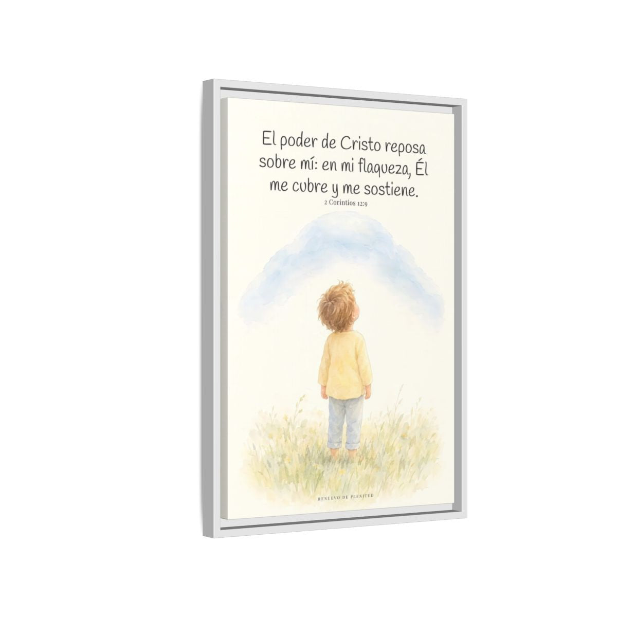El poder de Cristo descansa sobre mí | Cuadro bíblico para el hogar | 2 Corintios 12:9 — 16×24 pulgadas, marco blanco, vista lateral del marco flotante