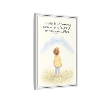 El poder de Cristo descansa sobre mí | Cuadro bíblico para el hogar | 2 Corintios 12:9 — 16×24 pulgadas, marco blanco, vista lateral del marco flotante