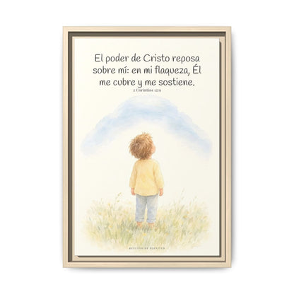 El poder de Cristo descansa sobre mí | Cuadro bíblico para el hogar | 2 Corintios 12:9 — 12×18 pulgadas, marco natural, vista frontal