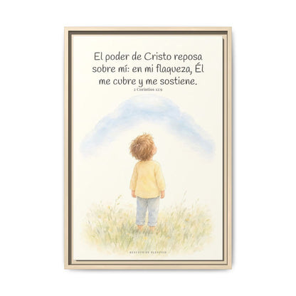 El poder de Cristo descansa sobre mí | Cuadro bíblico para el hogar | 2 Corintios 12:9 — 16×24 pulgadas, marco natural, vista frontal