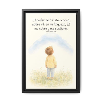 El poder de Cristo descansa sobre mí | Cuadro bíblico para el hogar | 2 Corintios 12:9 — 12×18 pulgadas, marco negro, vista frontal