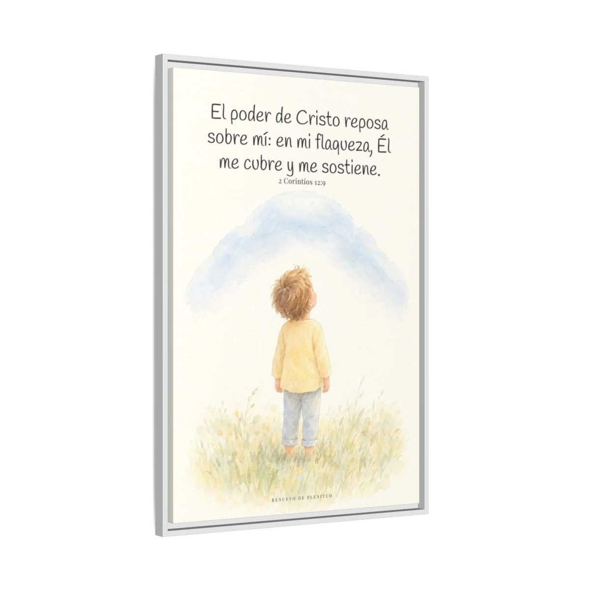El poder de Cristo descansa sobre mí | Cuadro bíblico para el hogar | 2 Corintios 12:9 — 24×36 pulgadas, marco blanco, vista lateral del marco flotante