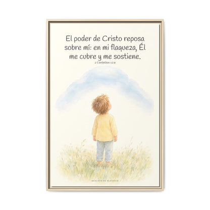 El poder de Cristo descansa sobre mí | Cuadro bíblico para el hogar | 2 Corintios 12:9 — 24×36 pulgadas, marco natural, vista frontal