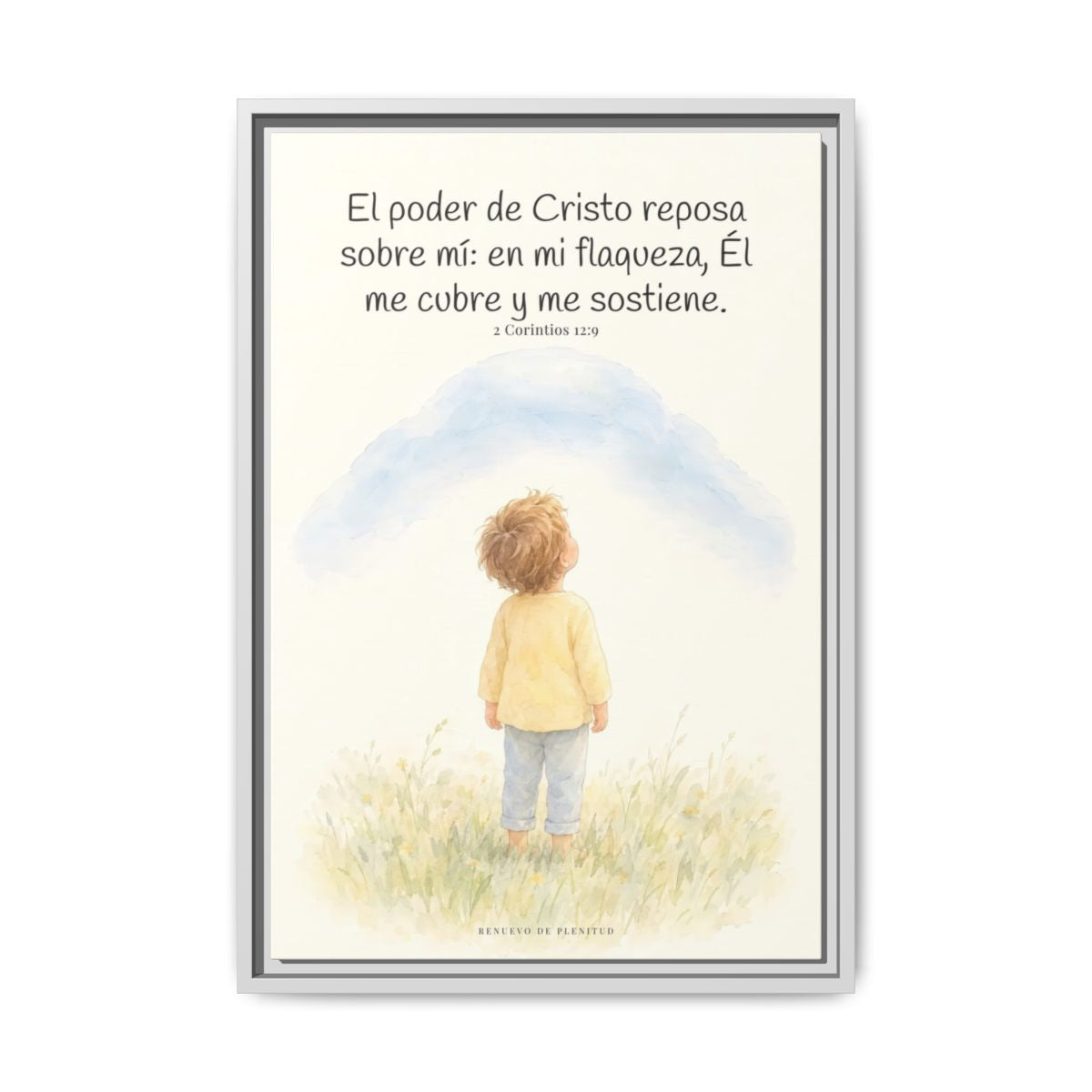 El poder de Cristo descansa sobre mí | Cuadro bíblico para el hogar | 2 Corintios 12:9 — 16×24 pulgadas, marco blanco, vista frontal