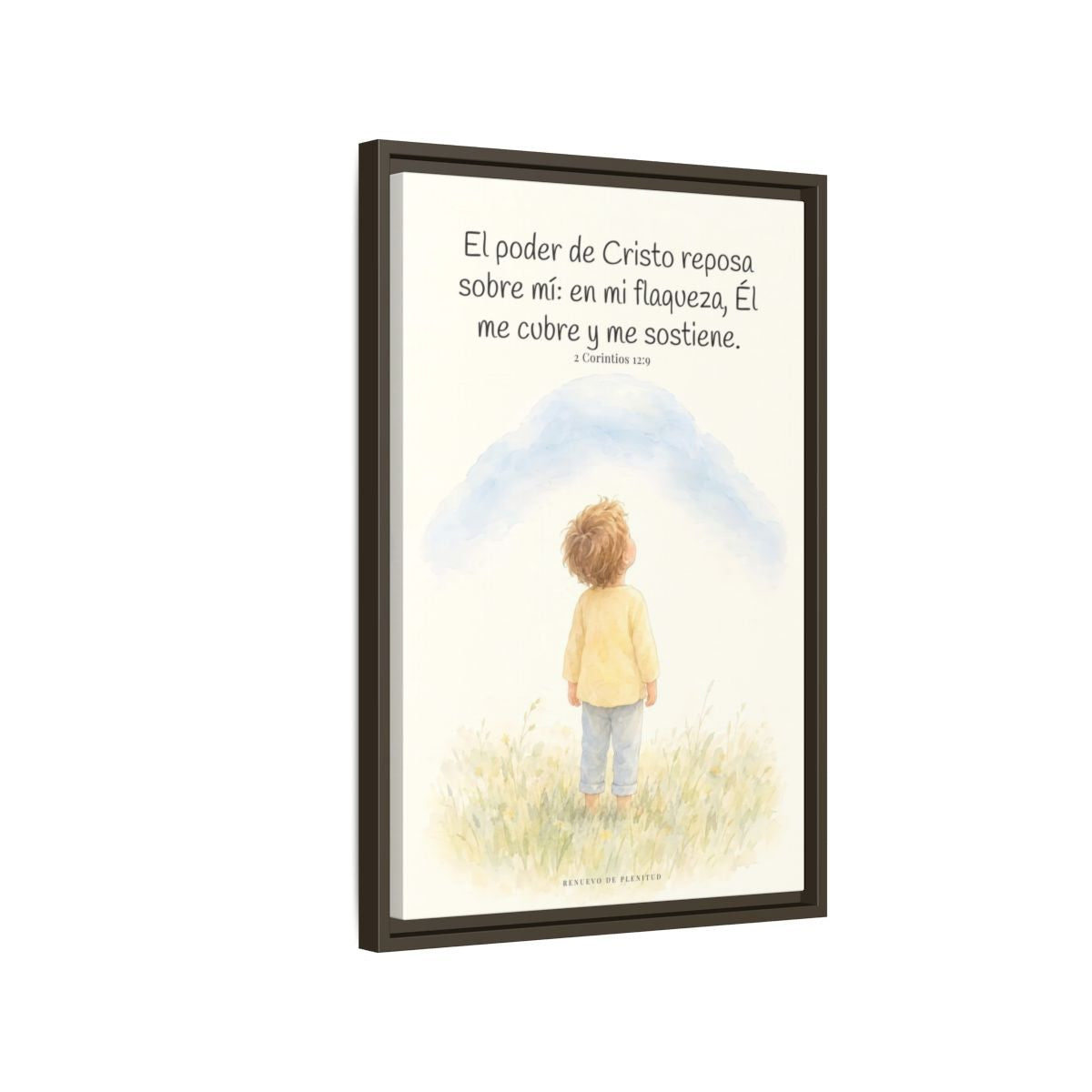 El poder de Cristo descansa sobre mí | Cuadro bíblico para el hogar | 2 Corintios 12:9 — 16×24 pulgadas, marco espresso, vista lateral del marco flotante