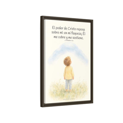 El poder de Cristo descansa sobre mí | Cuadro bíblico para el hogar | 2 Corintios 12:9 — 16×24 pulgadas, marco espresso, vista lateral del marco flotante