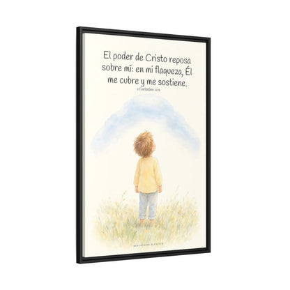 El poder de Cristo descansa sobre mí | Cuadro bíblico para el hogar | 2 Corintios 12:9 — 24×36 pulgadas, marco negro, vista lateral del marco flotante