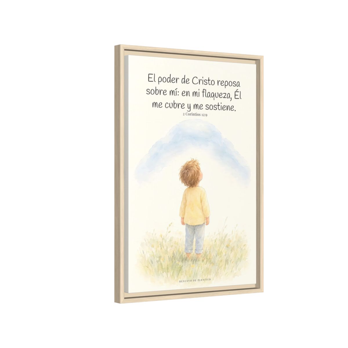 El poder de Cristo descansa sobre mí | Cuadro bíblico para el hogar | 2 Corintios 12:9 — 16×24 pulgadas, marco natural, vista lateral del marco flotante