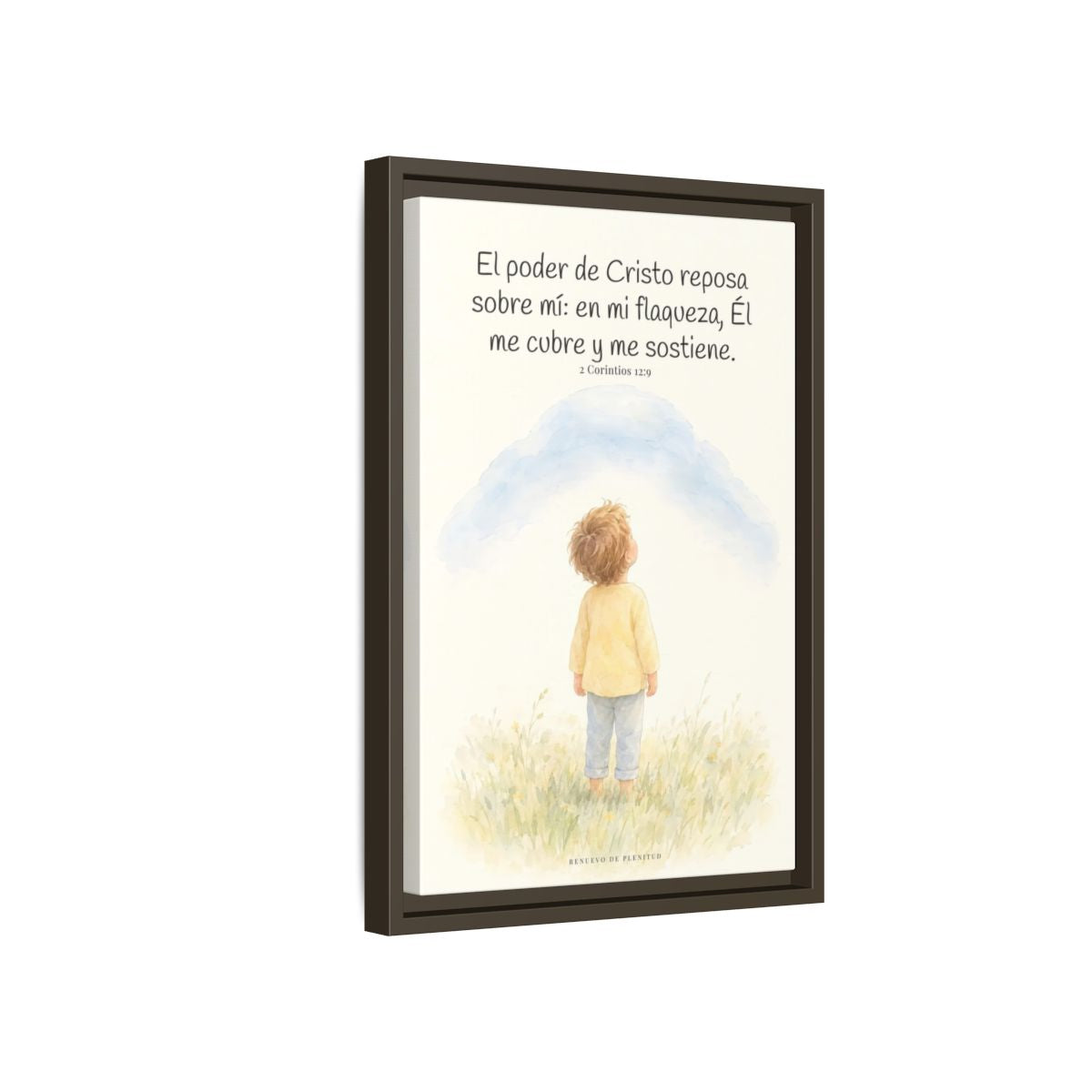 El poder de Cristo descansa sobre mí | Cuadro bíblico para el hogar | 2 Corintios 12:9 — 12×18 pulgadas, marco espresso, vista lateral del marco flotante