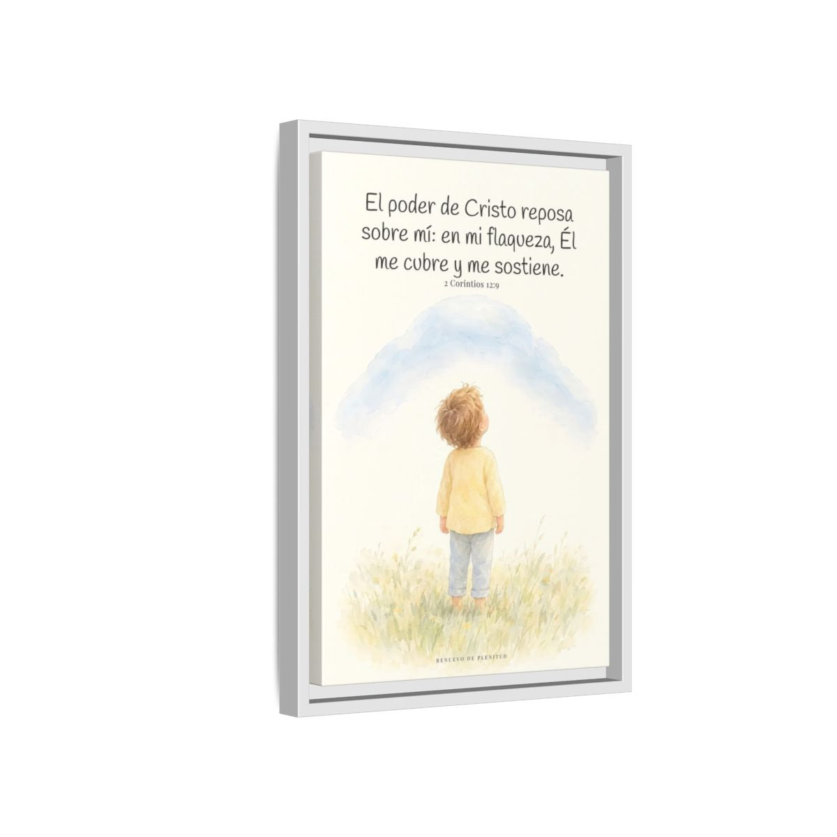 El poder de Cristo descansa sobre mí | Cuadro bíblico para el hogar | 2 Corintios 12:9 — 12×18 pulgadas, marco blanco, vista lateral del marco flotante