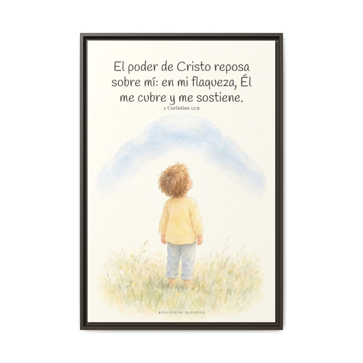 El poder de Cristo descansa sobre mí | Cuadro bíblico para el hogar | 2 Corintios 12:9 — 24×36 pulgadas, marco espresso, vista frontal