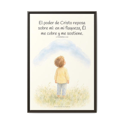 El poder de Cristo descansa sobre mí | Cuadro bíblico para el hogar | 2 Corintios 12:9 — 24×36 pulgadas, marco espresso, vista frontal