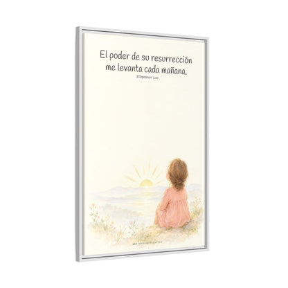 El poder de su resurrección me levanta — Lienzo Cristiano Enmarcado | Filipenses 3:10 — 24×36 pulgadas, marco blanco, vista lateral del marco flotante
