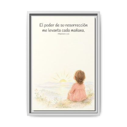 El poder de su resurrección me levanta — Lienzo Cristiano Enmarcado | Filipenses 3:10 — 12×18 pulgadas, marco blanco, vista frontal