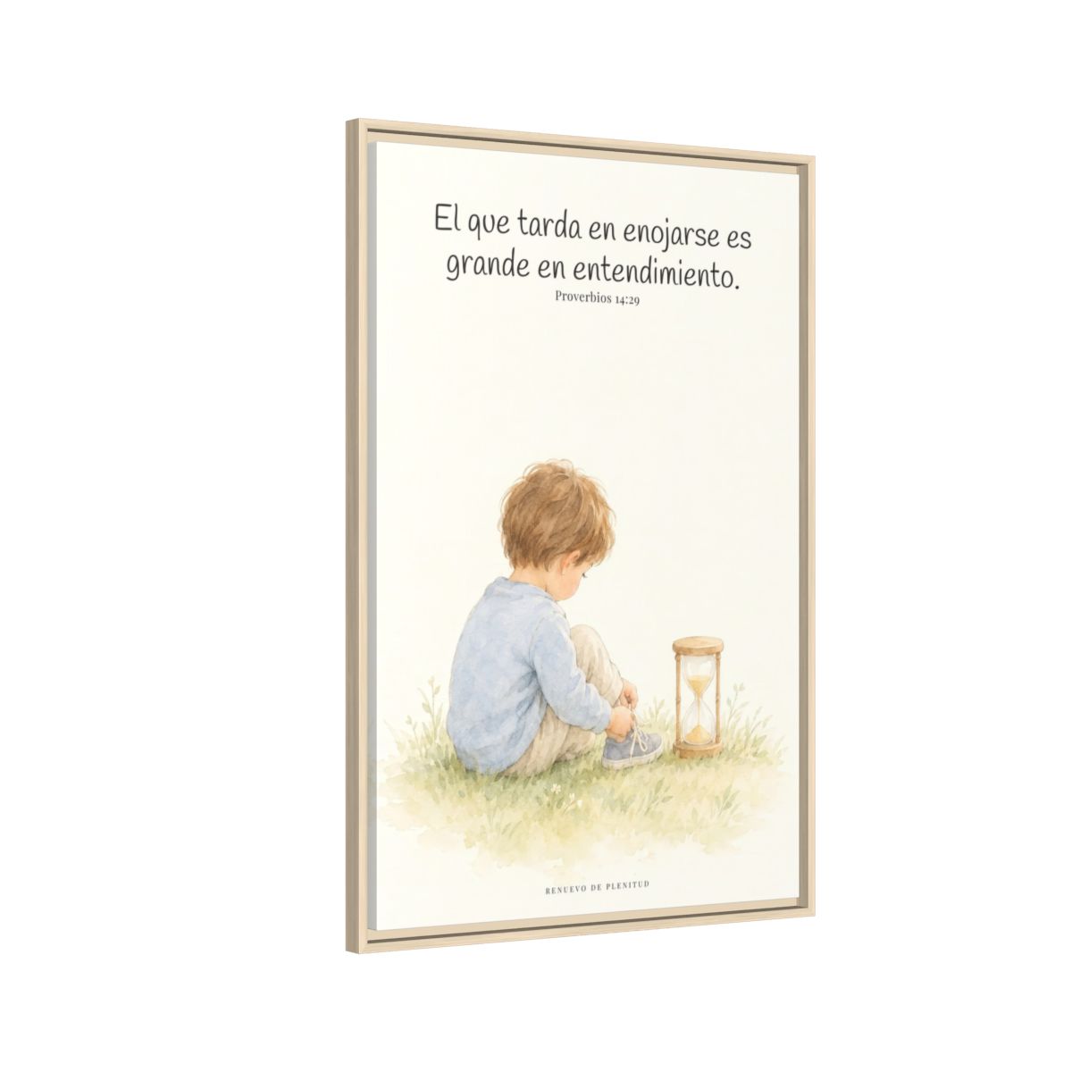 El que es lento para la ira es grande en entendimiento — Lienzo Cristiano Enmarcado | Proverbios 14:29 — 24×36 pulgadas, marco natural, vista lateral del marco flotante