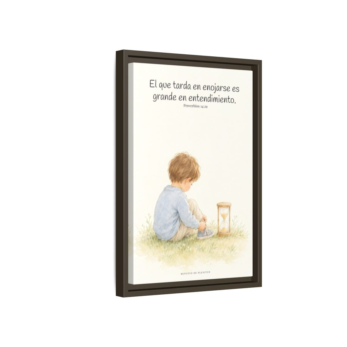 El que es lento para la ira es grande en entendimiento — Lienzo Cristiano Enmarcado | Proverbios 14:29 — 12×18 pulgadas, marco espresso, vista lateral del marco flotante
