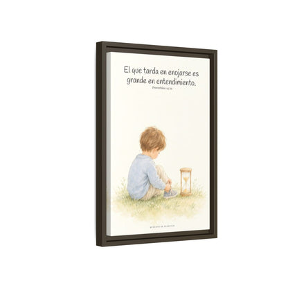 El que es lento para la ira es grande en entendimiento — Lienzo Cristiano Enmarcado | Proverbios 14:29 — 12×18 pulgadas, marco espresso, vista lateral del marco flotante