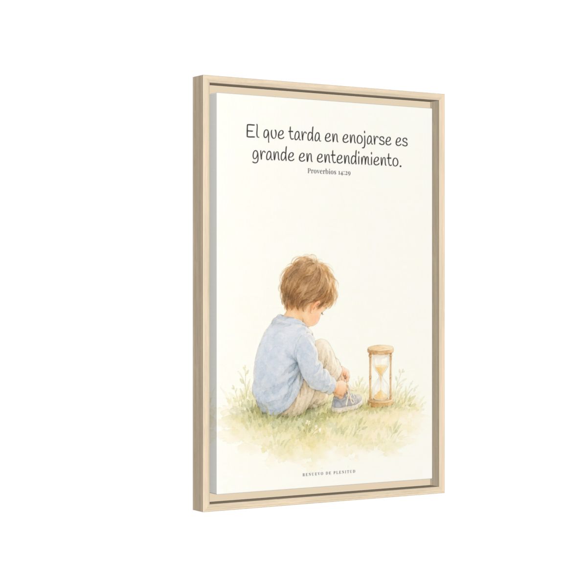 El que es lento para la ira es grande en entendimiento — Lienzo Cristiano Enmarcado | Proverbios 14:29 — 16×24 pulgadas, marco natural, vista lateral del marco flotante