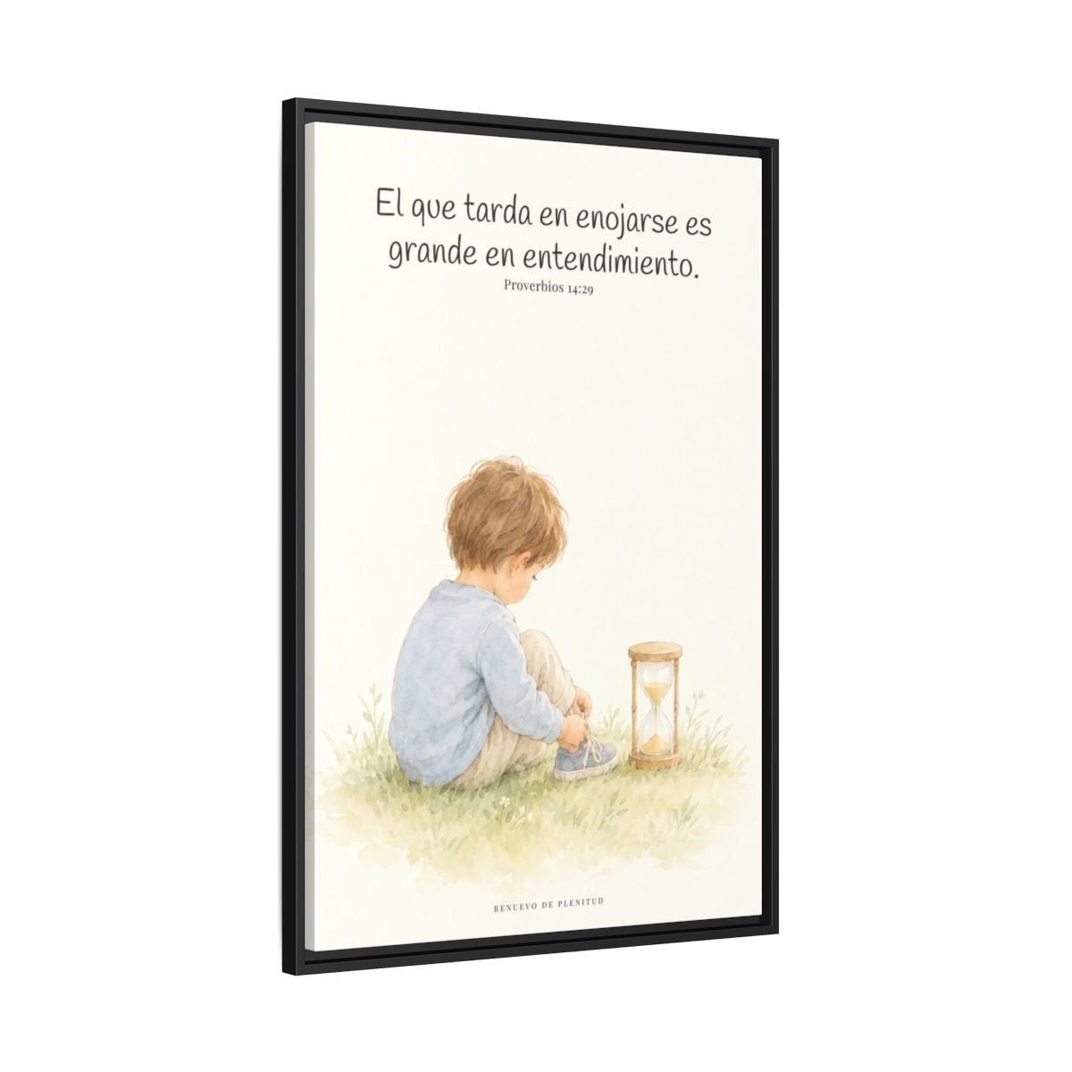 El que es lento para la ira es grande en entendimiento — Lienzo Cristiano Enmarcado | Proverbios 14:29 — 24×36 pulgadas, marco negro, vista lateral del marco flotante