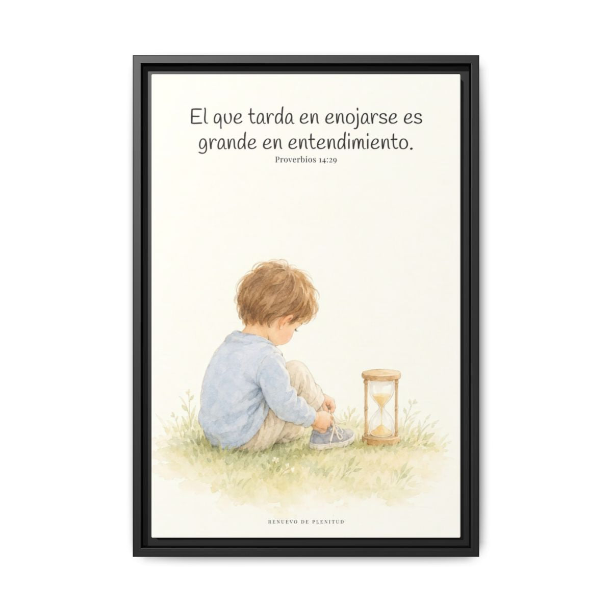 El que es lento para la ira es grande en entendimiento — Lienzo Cristiano Enmarcado | Proverbios 14:29 — 16×24 pulgadas, marco negro, vista frontal